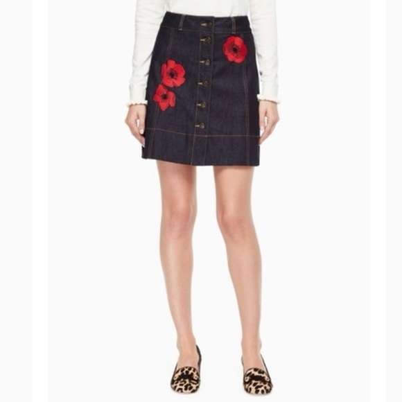 Kate Spade New York Broome Street Embroidery Poppy Denim Skirt Button Front 10 - Picture 1 of 10